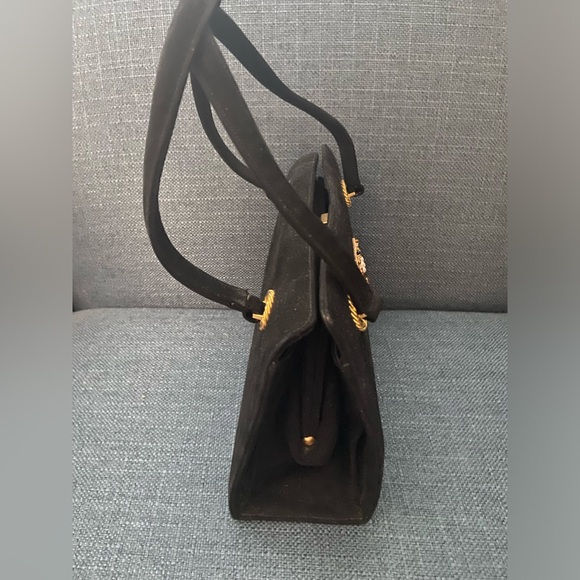 Vintage 2 Pieces Black Suede Leather Top Handle Handbag Gold Hardware Bee Accent - Picture 5 of 16